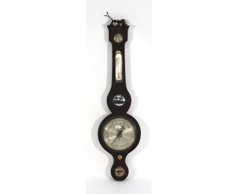 An early 19th century banjo barometer by Sordelli of London with four silvered register plates and a bullseye mirror on a mah