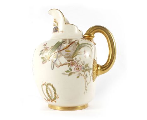 A Royal Worcester jug gilt decorated with various devices on a blush ivory ground, shape no. 1094, pdcm 1889, h. 18 cm Star c