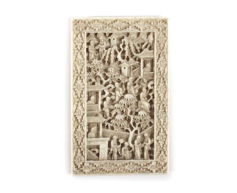 A 19th century Cantonese ivory plaque carved with figures in garden landscape, 9.1 x 5.6 cm  very minor losses, bowed