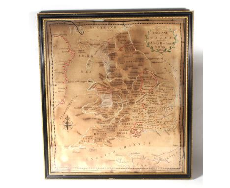 An early 19th century silk map sampler of England and Wales worked in coloured threads by Mary Rathmell in York in 1802, h. 4