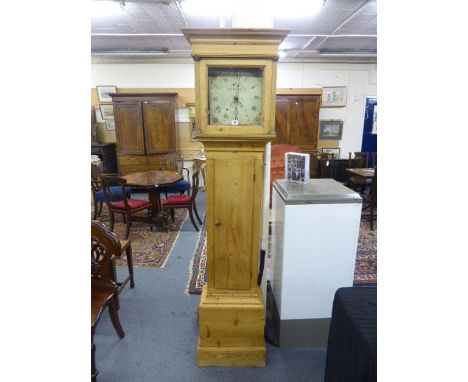 J. Coales of North Crawley, an early 19th century pine cottage-longcase clock with painted face and thirty hour movement Exte