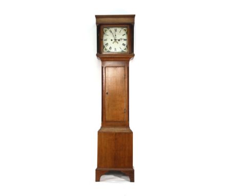 A 19th century cottage oak longcase clock, the painted face with date aperture and secondary dial supporting a twin train str