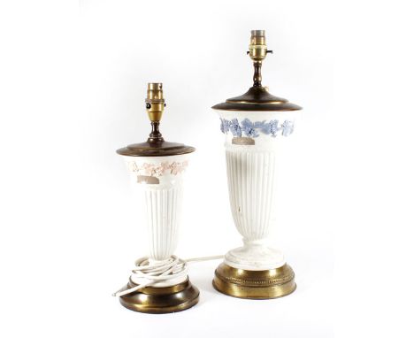 Two Wedgwood jasperware lamp bases, max h. 46 cm including fitments Working order unknown, grubby