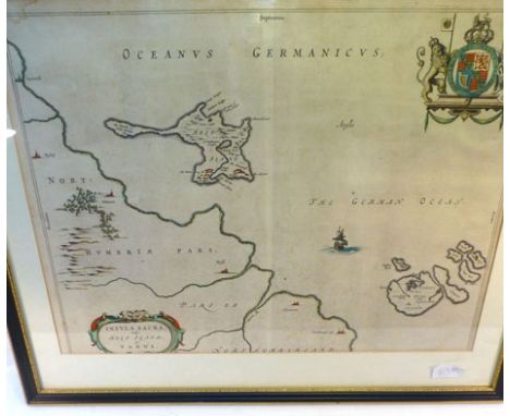 Blaue W. : Insula Sacra - Holy Island and Farne Island, 1645. Engraved map with topographical features, heraldic monogram and