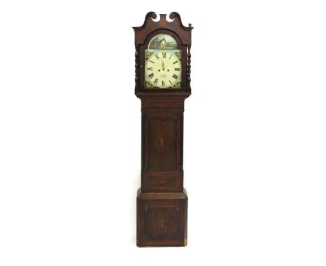 Smith & Son of Walton, an early 19th century oak and mahogany crossbanded longcase clock, the painted face supporting a twin 