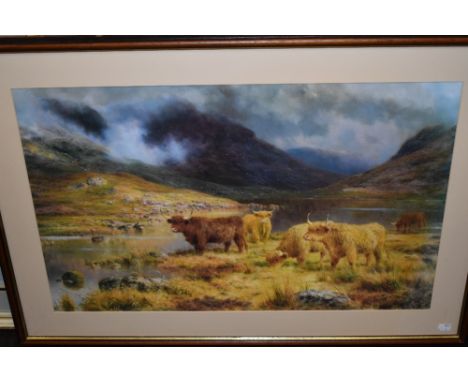 Louise B Hunt, (19th century), a 20th century re-print, Highland cattle, 47 x 76cm, mounted framed and glazed, 65 x 93cm