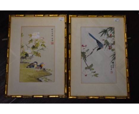 (20th century), a pair of prints, Chinese birds amidst foliage, 28 x 16cm, simulated bamboo frame, 41 x 29cm, and a similar p