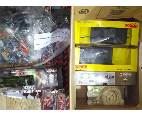 A box of military die-cast vehicles comprising Solido, Corgi and Cararama, together with a bag of military figures.