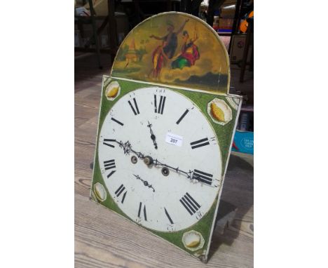 An 8 day longcase clock movement with painted dial, 13" x 18.5"