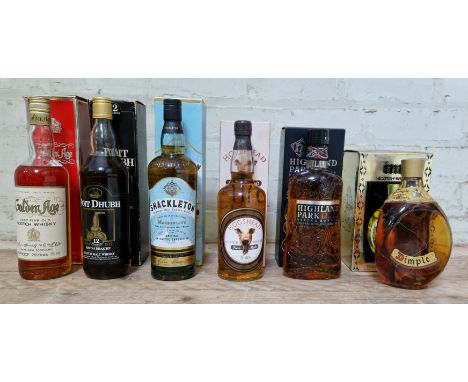 6 bottles of assorted scotch whisky to include Golden Age de luxe, Poit Dhubh Mac Na Braiche 12, Hogshead pure malt, Shakleto