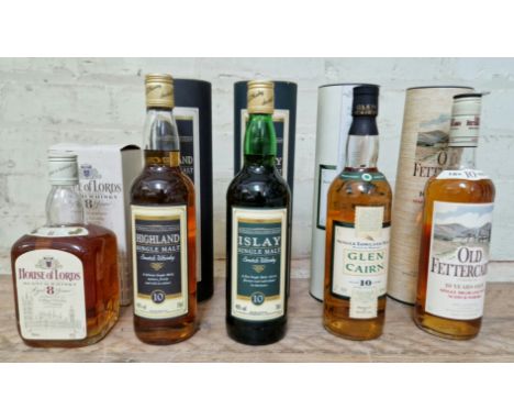 5 bottles of assorted scotch whisky to include House of Lords blended 8, Highland single malt 10, Islay single malt 10, Glen 