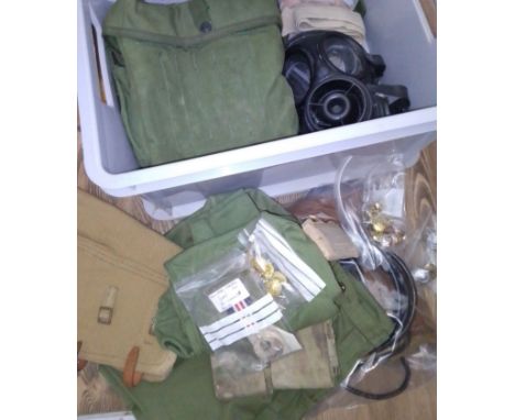 A box of assorted militaria comprising S10 respirator, S6 respirator, field dressing, army officer's tie, MTP ammunition pouc