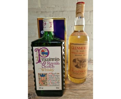 Two bottles of whisky; Pinwinnie 12 year old Scotch and Glenmorangie 10 year old Scotch single malt.  