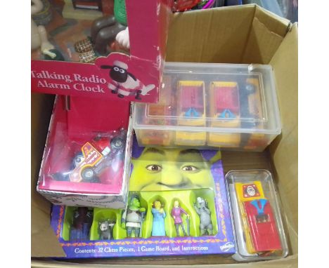 A box of assorted toys including die-cast Corgi Magic Roundabout, Wallace and Gromit radio alarm clock, Transformers, Corgi c