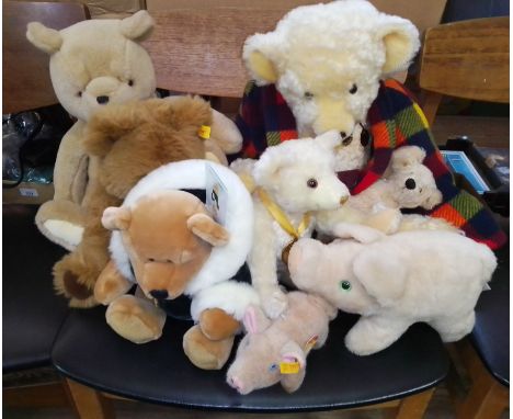 A box of soft toys comprising Steiff teddy bear 24, Steiff Millenium bear with Danbury Mint medallion, a Merrythought  pig, a