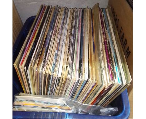 A box of of various LP records and singles including around 40 blues/country 12" LPs (George Jones, Waylon Jennings, Hank Wil