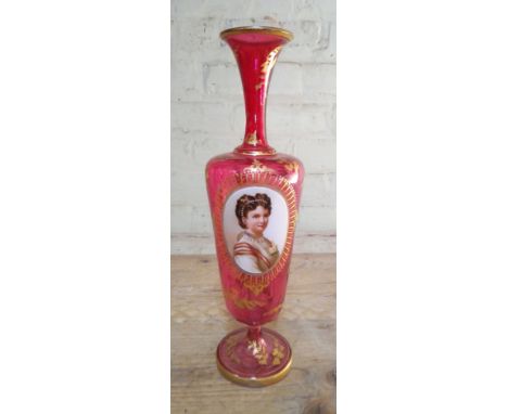 A 19th century Bohemian ruby glass vase, portrait panel depicting a young lady, gilt decoration, height 39.5cm.Condition:- We