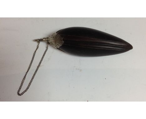 A silver coloured metal mounted gourd flask or bottle, knopped stopper with long pin, secured with a chain, 14.5cm long