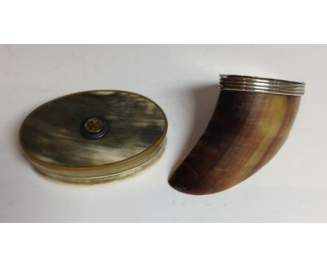 A 19th century hoof snuff box, EP cover and mounts, 8.5cm long; a 19th century Scottish oval horn snuff box, the cover mounte