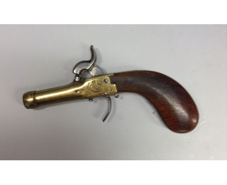An early 19th century Belgian pocket postol, 5cm brass barrel, steel hammer, engraved lockplate, two-piece wooden grip, crown