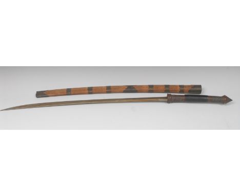 A Burmese dha, 59cm curved fullered blade inlaid with gilt leafy scrolls, horn grip, hardwood scabbard, 84.5cm long overall