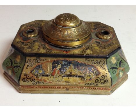 A late 19th century canted bombe shaped inkwell, decorated in the Chinoiserie taste, hinged gilt brass cover chased with leaf