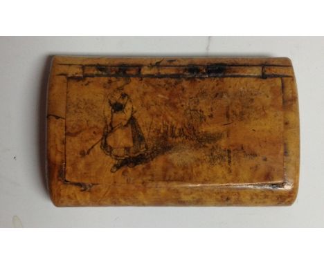 A 19th century birch rectangular snuff box, the hinged cover printed with a female golfer, 7.5cm wide, c. 1850