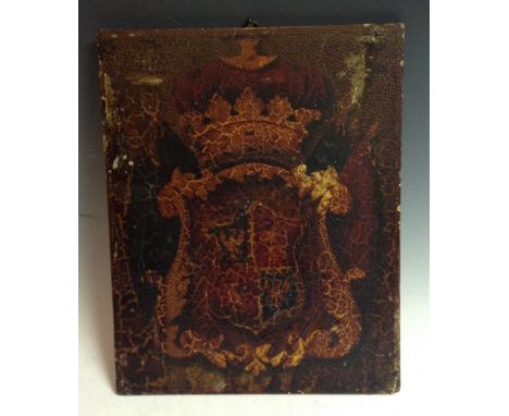 An 18th century oak heraldic coach panel, painted in polychrome with the arms of a French Duke, 37cm x 29.5cm, c.1775