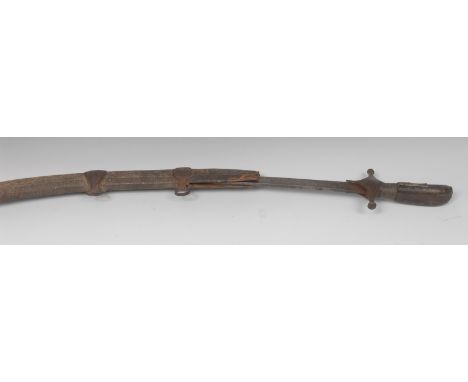 An Indian shamshir, 76cm curved single-edged blade, iron hilt with copper binding, two-piece hardwood grip decorated with pin