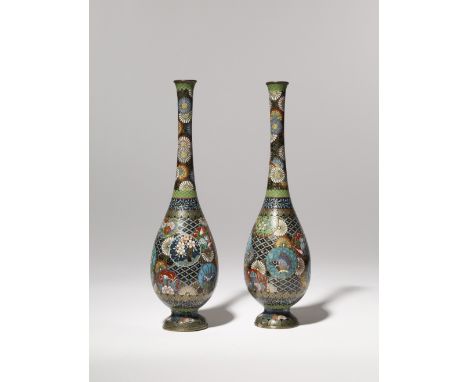 A PAIR OF JAPANESE CLOISONNE VASES MEIJI PERIOD, 19TH CENTURY The baluster bodies with elongated necks and raised on short ci