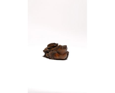 A LARGE JAPANESE BOXWOOD NETSUKE OF TWO TOADS MEIJI PERIOD, 19TH CENTURY One smaller amphibian clambering on the back of the 