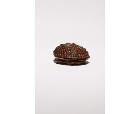 A JAPANESE LACQUERED WOOD HAKO NETSUKE OF AN AWABI SHELL MEIJI PERIOD, 19TH CENTURY The shell realistically carved with barna