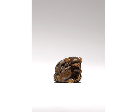 A LARGE JAPANESE WOOD NETSUKE OF A SHISHI MEIJI PERIOD, 19TH CENTURY Seated on its haunches and resting its paw on a reticula