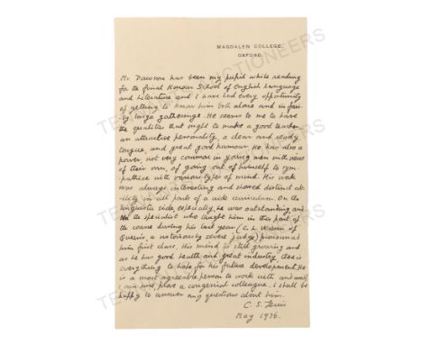 Lewis (Clive Staples) A.L.S., A single page autograph testimonial for Mr Dawson who 'has been my pupil for the final Honour S