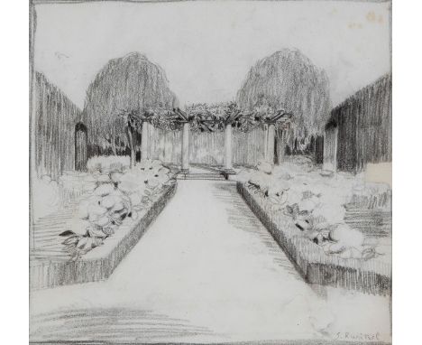 SANTIAGO RUSIÑOL I PRATS (Barcelona, 1861 - Aranjuez, Madrid, 1931)."Garden".Pencil on paper.Signed in the lower right corner