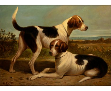 THÉODORE LAFITTE (France, 1816-ca.1875)."Dogs".Oil on canvas.Signed in the lower left corner.Size: 105 x 144 cm; 127 x 163 cm