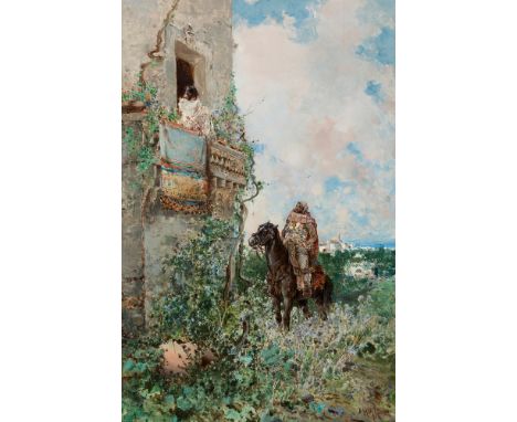 BALDOMERO GALOFRE JIMÉNEZ (Reus, Tarragona, 1849 - Barcelona, 1902).El cortejo" ("Courtship").Oil on panel.Signed in the lowe