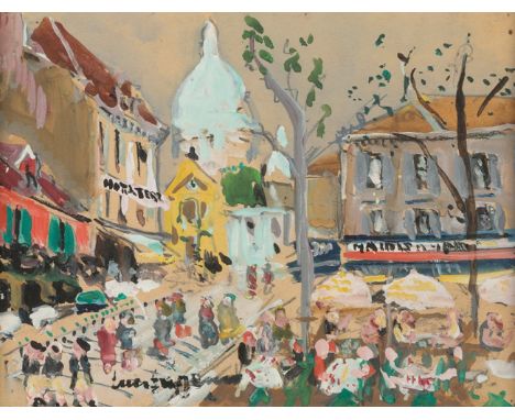LUCIEN GENIN (Rouen, 1984 - Paris 1953)."Place du Tertre, Sacre Coeur".Gouache on paper.Signed in the lower margin.Size: 15,5
