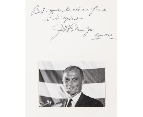 **  Mercury Astronaut.-  John Glenn, 1966, portrait of Glenn standing in front of a large U.S. flag, signed above on mount in