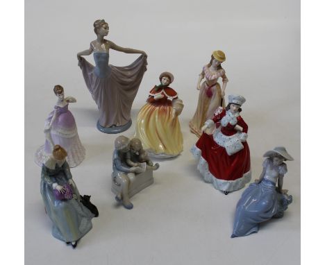  A collection of porcelain figures of ladies, to include a set of four Royal Doulton Pretty Ladies, Spring, Summer, Autumn an