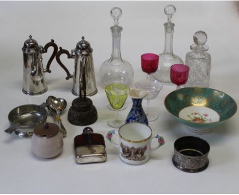  A collection of assorted glassware, porcelain and silver plate, to include matching silver plated coffee pot and hot water j