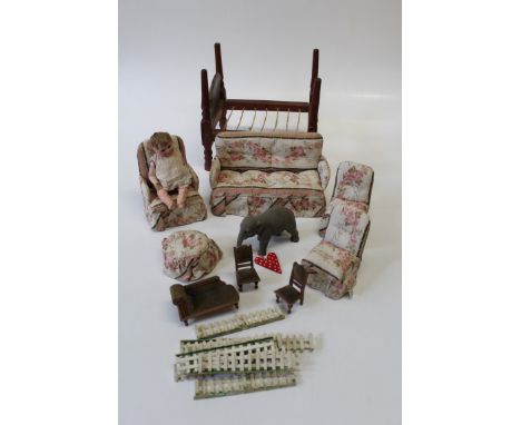 An early 20th century Heubach Kopplesdorf bisque doll, 24cm, together with a small quantity of dolls furniture, white painted