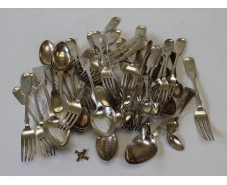 A quantity of Georgian and later silver flatware, comprising teaspoons, dessert spoons, serving spoons and forks, predominate