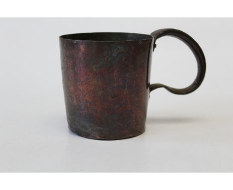 Of Military interest, a crudely formed Victorian copper mug of large size with loop handle. Marked with Royal Cypher and Broa