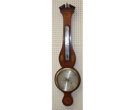 A George III inlaid and chequer strung mahogany banjo barometer, the broken arch surmount centred with a cast finial, over an