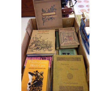 A box of vintage books to include 'Pastels from the Pacific' & 'Iron And Brass Implements Of The English House'.