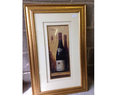 A framed & glazed gilt framed print of a vintage bottle of wine, 85cm x 54cm