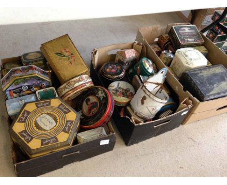 3 boxes of vintage advertising tins to include a Co-Op B X Shoe Brushes and a French tin wall mounted enamelled salt box.