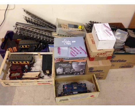 A complete G gauge model railway with 2 Lehman locos, an Aristo 1 gauge center cab industrial switcher loco, 3 coaches, 4 tru