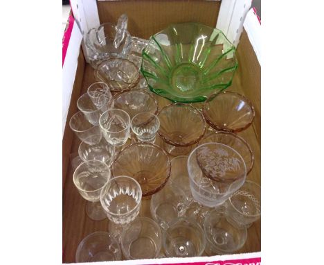 A box of mixed vintage glassware to include Uranium glass bowl, 6 moulded glass sundae dishes and 7 custard cups.